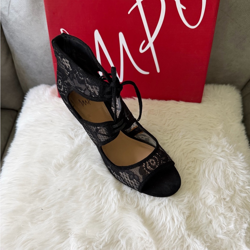 Impo Black Lace Tie-Up Peep Toe Heel